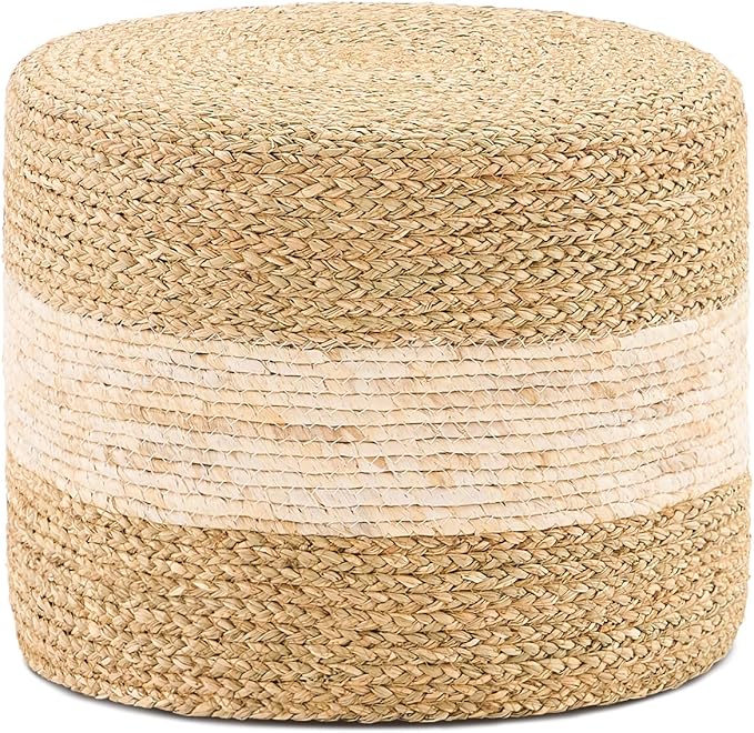 Handwoven Seagrass Ottoman Pouf, Round Outdoor Footstool with Sturdy Frame, No Assembly Needed, Boho Accent Stool for Indoor & Outdoor Use – Patio, Balcony, Living Room (Seagrass White)