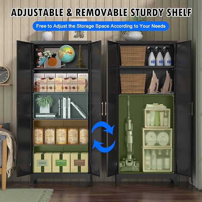 Pantry Cabinet, 75 Inch Tall Kitchen Storage Cabinet, Metal Pantry Cabinets with Doors and Adjustable Shelves, Black Freestanding Food Cupboard for Living, Dinning Room-Assembly Required