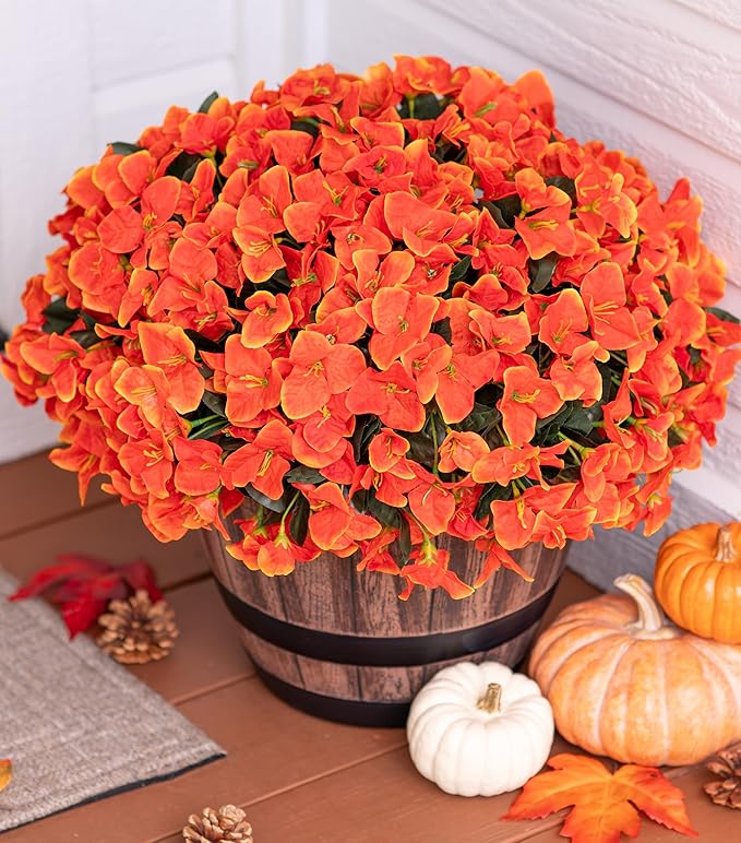Ivydale Artificial Fall Flowers for Outdoors, 4 Bundles Fake Bougainvillea Flower Realistic Silk Flowers for Outside, Faux Fall Flowers for Outdoor Planters Patio Porch Home Decorations, Orange
