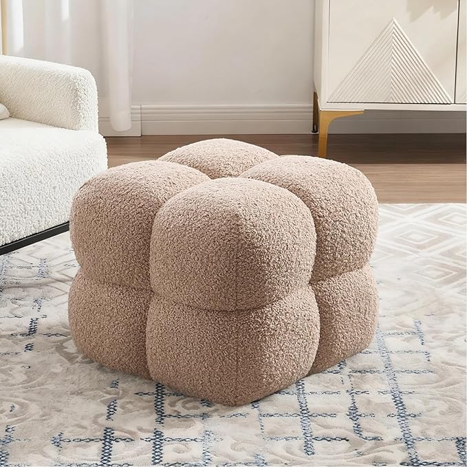 Zesthouse Square Pouf Ottoman, Modern Ottoman Coffee Table for Living Room, Fuzzy Sherpa Stool Foot Rest, Upholstered Tufted Stool for Couch, Tan