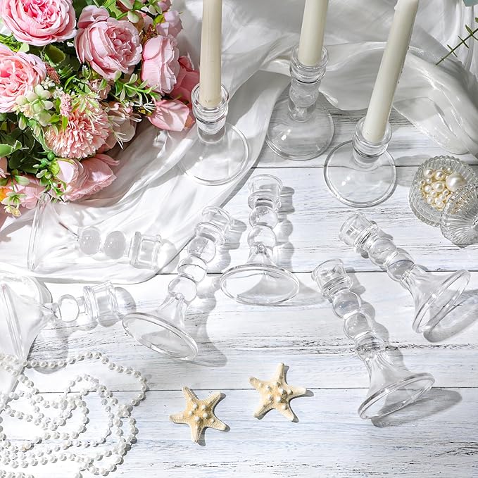 Mumufy 24 Pack Glass Taper Candle Holders Clear Candlestick Holder Fit 0.8 Inch Candles 4'' 6'' 8'' Tall Crystal Decorative Candlestick Stand Centerpiece for Table Wedding Dining Party (Glossy)