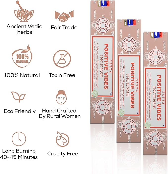 Satya Positive Vibes Incense Sticks, Satya Bng (Bangalore) Insenses 15gmx12 Pack with Raajsee Incense Holder Bundle, Satya Nagchampa Natural Incense