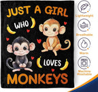 Monkey Blanket Gifts for Girl Woman - Just A Girl Who Loves Monkeys Cute Animal Lovers Throw for Teen Kids Adults Soft Fleece Cozy Bed Couch Decor Birthday Christmas Lightweight Blanket 50"x60"