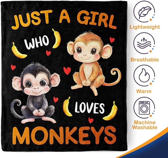Monkey Blanket Gifts for Girl Woman - Just A Girl Who Loves Monkeys Cute Animal Lovers Throw for Teen Kids Adults Soft Fleece Cozy Bed Couch Decor Birthday Christmas Lightweight Blanket 50"x60"