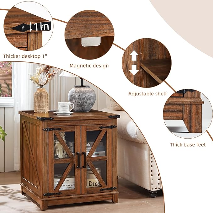 Farmhouse End Table with Charging Station, 24" Large Sofa Side Table with Glass Barn Door, Nightstand with Adjustable Storage Shelf,Wood Square Bedside Table for Living Room,Bedroom