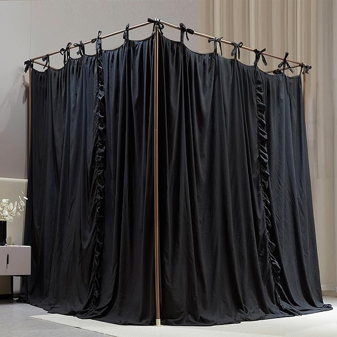 4 Corners Post Princess Curtain Bed Canopy Double Layer Cozy Mosquito Net Mesh and Cloth for Girls Adults Bedroom Decoration (Double-Black/Black, 53" W*78" L*82"*H/(Full))