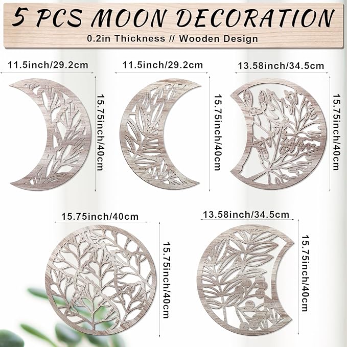 Jetec 5 Pcs Moon Phase Wall Art Decor Wall Pediments Hanging Wooden Moon Phase Spiritual Bedroom Nordic Boho Lunar Aesthetic Art for Living Room Dorm Apartment Bar Ornament(Retro Color,15.75 Inch)