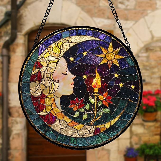 Stained Glass Window Hanging, Moon Goddess Torch Suncatcher Diamond Glass Panel Hangings Dream Sun Catchers Decor for Birthday for Women, Men, Wife, Aunt, and Mom 11.8x11.8 in