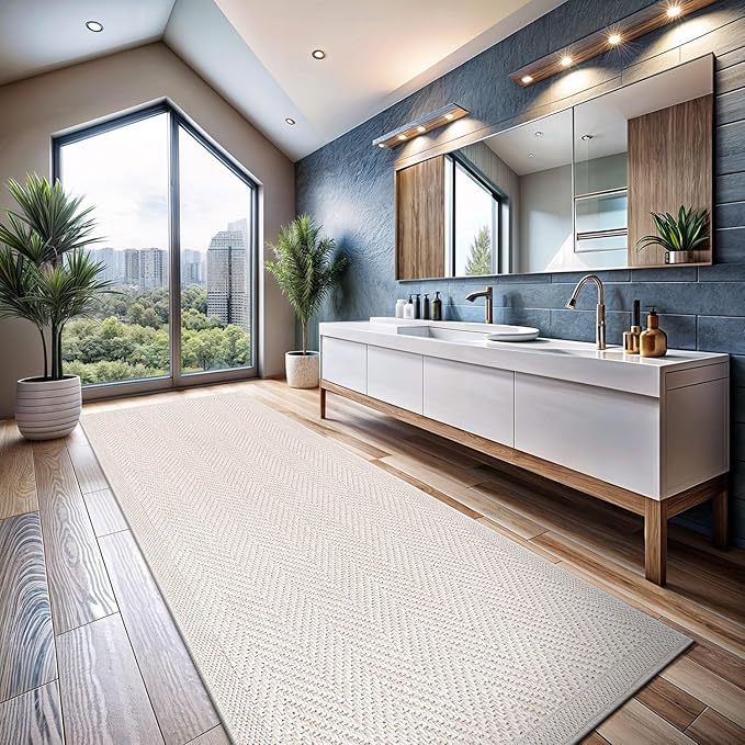 CAMILSON Indoor and Outdoor Runner Rug Off-White Herringbone Seagrass Boho Design Easy-Cleaning Non Shedding Fiber Living Room Bedroom Garden Patio and Kitchen Washable Outside Carpet Alfombras (2x7)