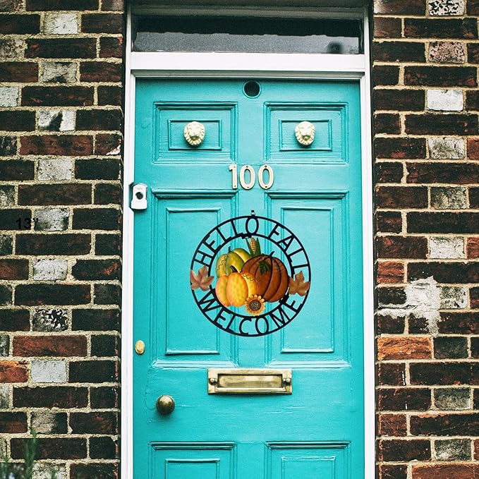 Metal Hanging Pumpkin Hello Fall Welcome Wreath Autumn Fall Harvest Decor for Front Door, Rustic Farmhouse Seasonal Thanksgiving Halloween Decoration-13''H