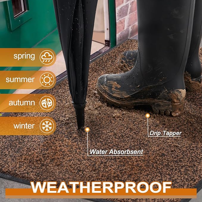 Mibao Front Door Mat, Dirt Trapper Welcome Mat for Outdoor Indoor, Non-Slip Waterproof Doormat, Durable Machine Washable Low Profile Entry Rug for Back Door Outside Patio Porch, 32" x 20", Brown