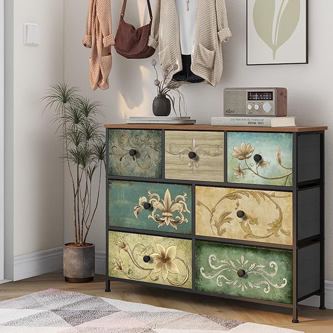 Tohomeor Dresser with Drawers for Bedroom Chest of Drawers Fabric Dresser for Closet,Nursery Entryway Hall Tree TV Stand for Living Room Retro Floral Pattern Drawers Wooden Top (7 Drawers)