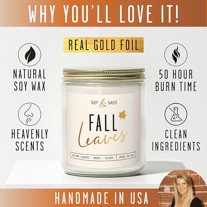 Fall Candles - 'Fall Leaves' Fall Candle w/Autumn Leaves, Clove & Musk I Infused with Essential Oils I Autumn Scented Candles I Cozy Cute Autmn Décor Gifts I 9oz Jar I 50Hr Burn I Made in USA
