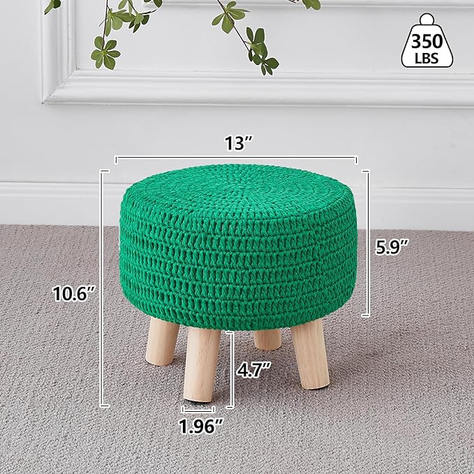 Wimarsbon Pouf Ottoman, 100% Cotton Knitted Boho Footstool, Round Footrest with Non-Skid Wood Legs, Home Décor Handmade Pouffe, Leisure Floor Step Stool for Living Room (Dark Green)