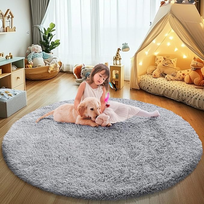 Soft Round Area Rug for Kids Bedroom, Fluffy Fuzzy Shaggy Rug 5'X5'for Living Room, Non Slip Circle Plush Rug for Girls Room Nursery Dorm Decor,Light Grey