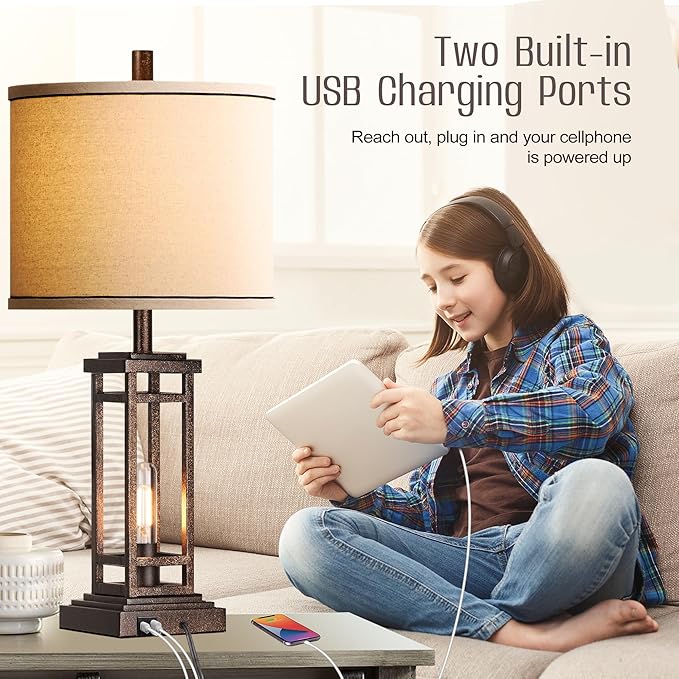 27.5 Tall Farmhouse Table Lamps with USB C + USB A Charge Ports, Rustic Living Room Lamps Set of 2, Black Industrial End Table Lamp for Bedroom Living Room Nightstand (Bronze)