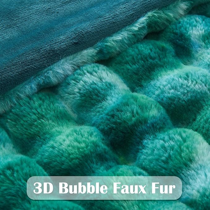 NEWCOSPLAY Faux Fur Throw Blanket Tie-dye Dark Teal Luxury Fluffy Thick Warm Bubble Blanket for Couch Sofa Bed 700GSM (Tie-dye Dark Teal, Throw(50"x60"))