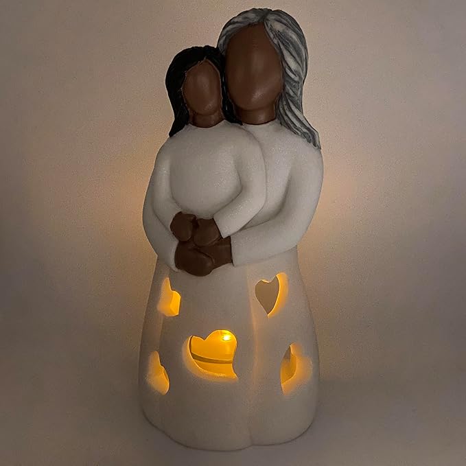 Grandma-Granddaughter Hand-Painted Candle Holder Statue W/Flickering LED Candle | Unique Nana Present Ideas for Christmas, Gigi Grandmother Birthday Gift, Greeting Card Included (Dark)