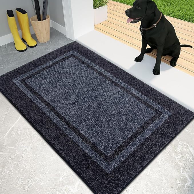 PURRUGS Dirt Trapping Door Mat 20" x 32", Non-Slip/Skid Machine Washable Entryway Rug, Shoes Scraper, Area Rug, Super Absorbent Welcome Mat for Muddy Wet Shoes and Paws, Bluish Grey & Charcoal