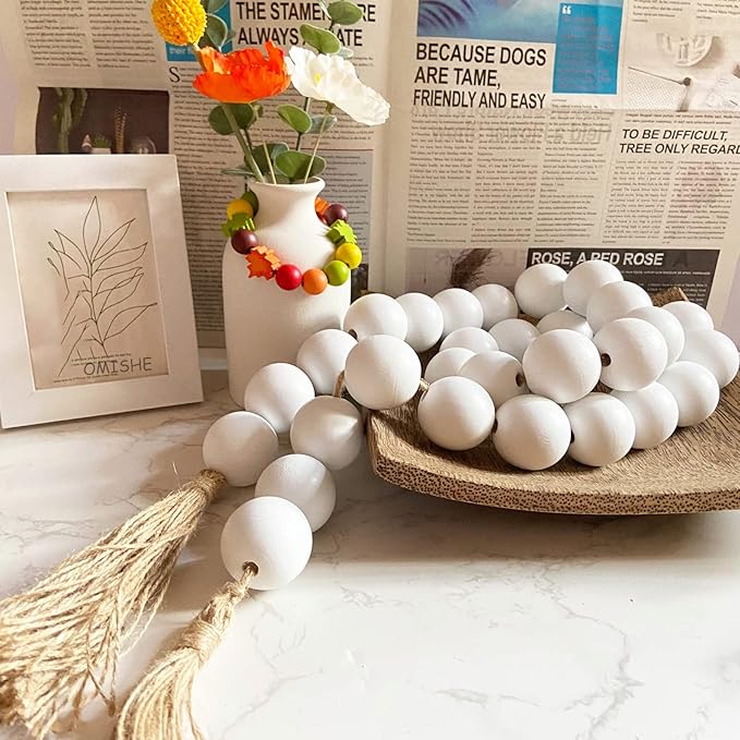 OMISHE 76" Long Extra Large Wood Bead Garland with 1.6" Diameter Wooden Beads and Tassels, Rustic Farmhouse Country Decorative Beads for Home Tiered Tray Decor, White