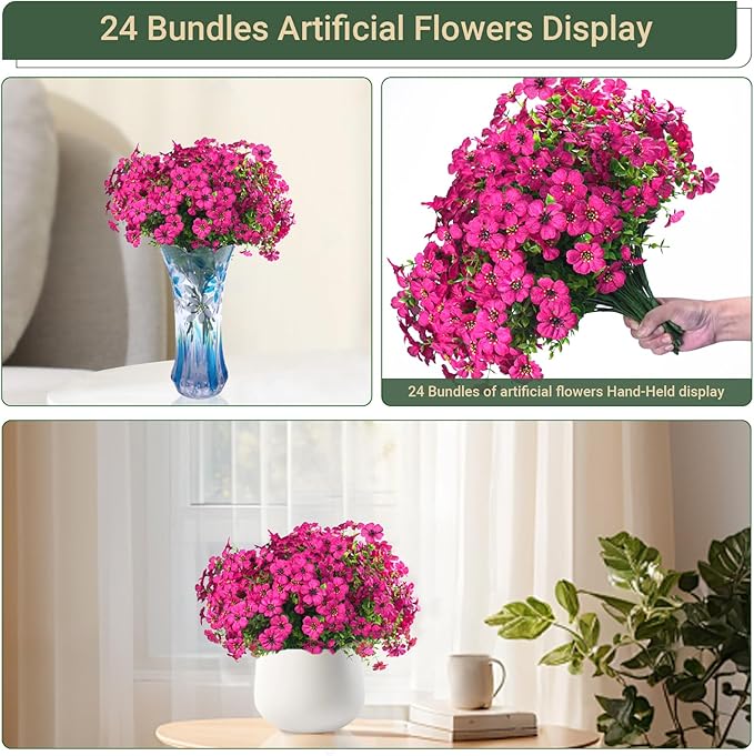 24 Bundles Artificial Flowers for Outdoors & Indoors – UV Resistant Faux Plastic Plants for Garden, Patio, Porch, Window Box, Home Decor – Lush & Vibrant Fake Flowers, Rose red