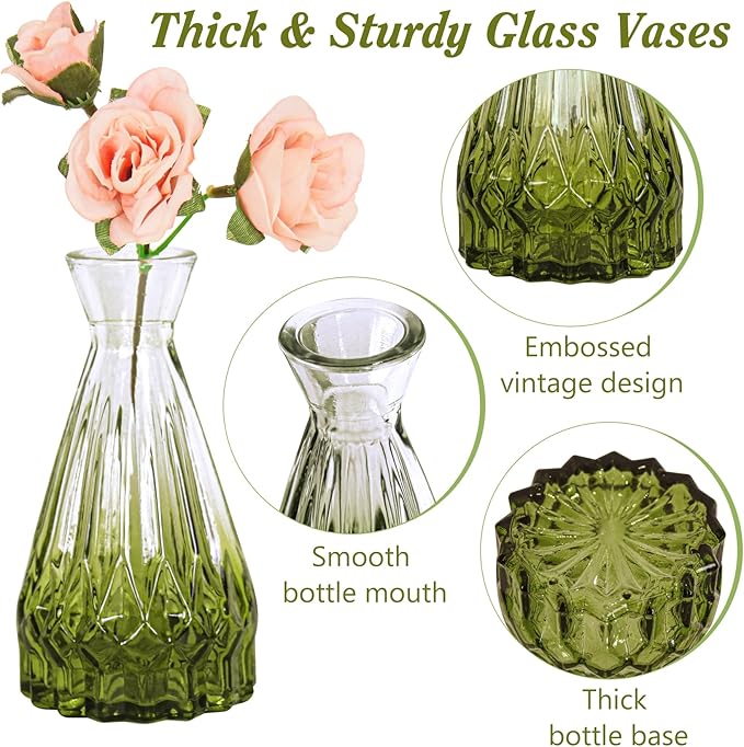Set of 40 Glass Bud Vases, Small Green Glass Vases in Bulk, Mini Vintage Embossed Flower Vase for Wedding, Centerpieces, Birthday Party, Baby Shower, Home Table Decorations (Green)