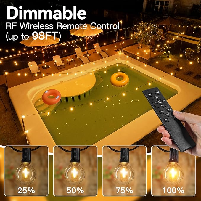 Outdoor String Lights 150FT with Remote Dimmer, G40 Globe LED Patio Lights with 75 Edison Plastic Bulbs(4 Spare), Waterproof Connectable Hanging Lights for Backyard Porch Balcony Yard Deck Party Decor