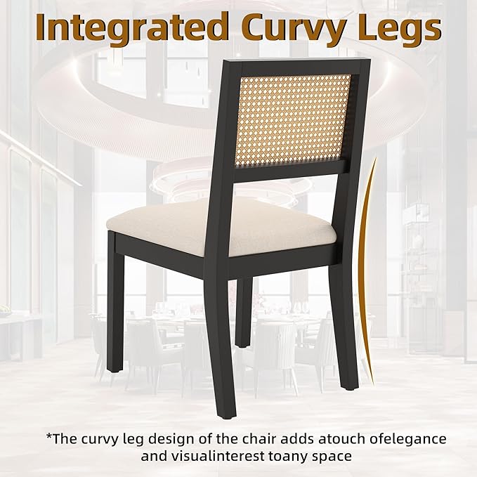 Westice Rattan Dining Chairs Set of 4, Farmhouse Natural Dining Room Chairs with Upholstered Cushion, Wood Armless Chairs for Kitchen/Restaurant, Black