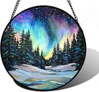 Stained Glass Window Hanging, Aurora Landscape Sun Catchers Glass Panel Green Trees Suncatcher Decor for Birthday for Women, Men, Wife, Aunt, and Mom 9.8 in