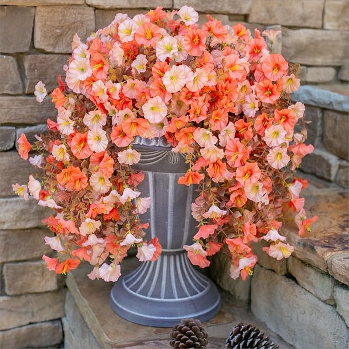 Ivydale Artificial Faux Mums Fall Flowers for Outdoor Outside Decoration, 2 PCS Fake Hanging Flowers Silk Morning Glory Plants with Eucalyptus for Home Garden Decor (Fall Orange+Light Orange)
