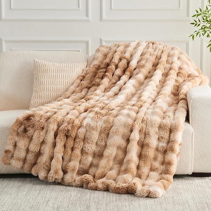 NEWCOSPLAY Faux Fur Throw Blanket Tie-dye Beige Luxury Fluffy Thick Warm Bubble Blanket for Couch Sofa Bed 700GSM (Tie-dye Beige, Throw(50"x60"))