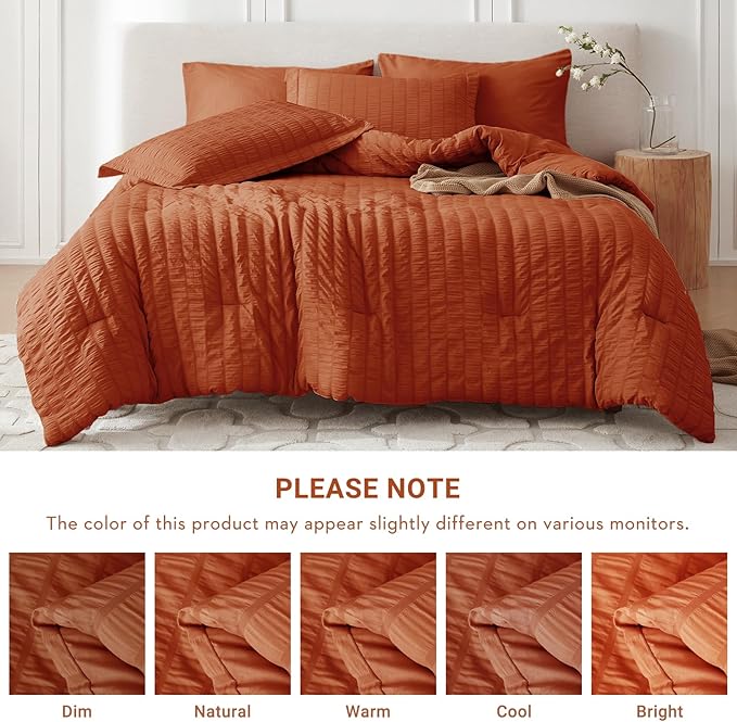 MUXHOMO 7 Pieces California King Comforter Set, Seersucker Bed in a Bag Cal King Size, All Season Luxury Bedding Set with Comforter, Flat Sheet, Fitted Sheet, Pillowcases & Shams, Burnt Orange