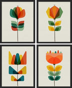 SIGNWIN Framed Mid-Century Modern Retro Botanical Flower Garden Wall Art, Set of 4 Abstract Geometric Wall Decor Prints, Nature Wilderness Wall Décor for Living Room, Bedroom - 11"x14" Black