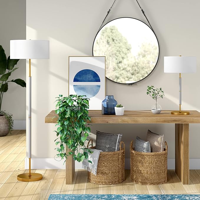 Henn&Hart 2-Light Floor Lamp with Fabric Shade in Cool Gray/Brass/White, Floor Lamp for Home Office, Bedroom, Living Room