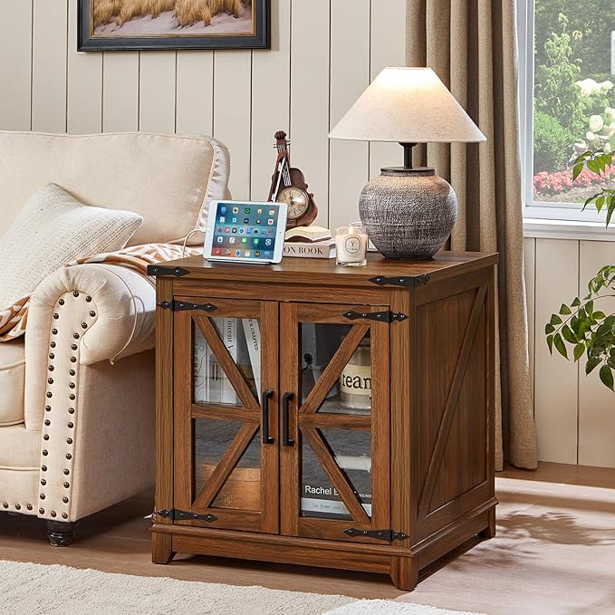 Farmhouse End Table with Charging Station, 24" Large Sofa Side Table with Glass Barn Door, Nightstand with Adjustable Storage Shelf,Wood Square Bedside Table for Living Room,Bedroom