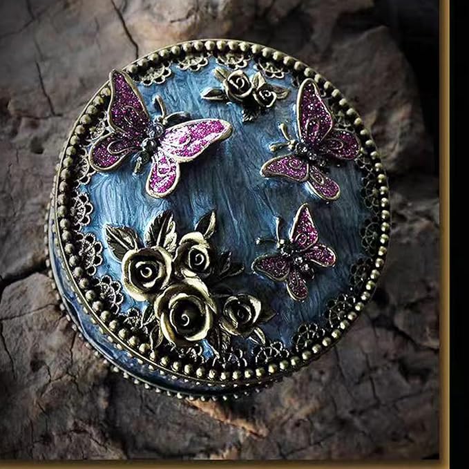 Round Jewelry Box with Purple Butterfly Decoration - Elegant Treasure Box for Women, Portable Ring & Earring Storage Case, Wedding Gift for Necklaces, Bracelets & Accessories