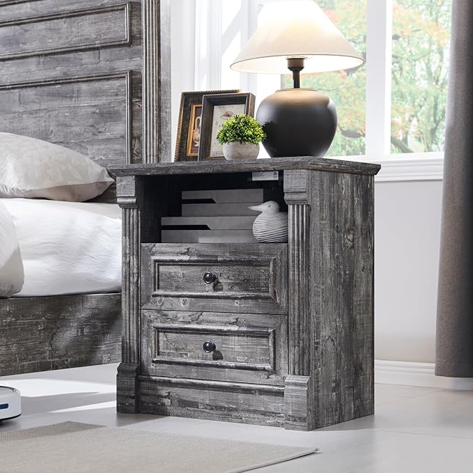 26" Tall 2 Drawers Dresser for Bedroom, Farmhouse 23.6" Wide Large Nightstand with Charging Station, Wood Rustic Side Table w/Roman Column, End Table for Bedroom, Living Room, Light Grey