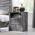 26" Tall 2 Drawers Dresser for Bedroom, Farmhouse 23.6" Wide Large Nightstand with Charging Station, Wood Rustic Side Table w/Roman Column, End Table for Bedroom, Living Room, Light Grey