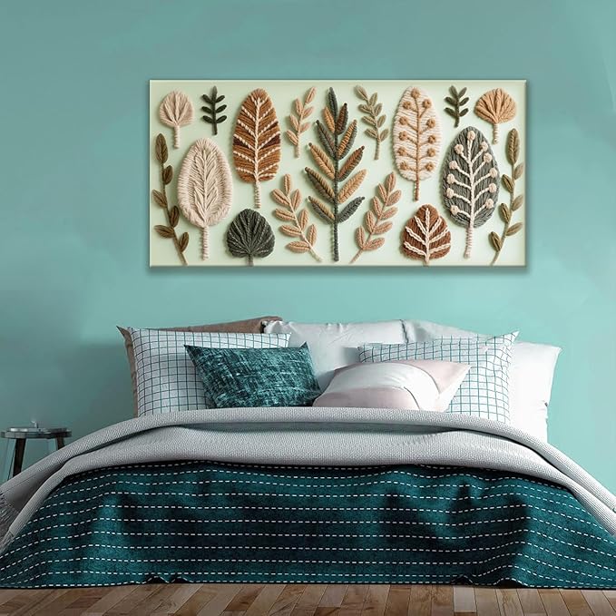 Boho Wall Art Chic Home Wall Art Modern Multicolor Painting Prints Leaves Feather Green Canvas Wall Art Decor For Living Room Bedroom Apartment Kitchen 24"W X 48"L Ready To Hanging