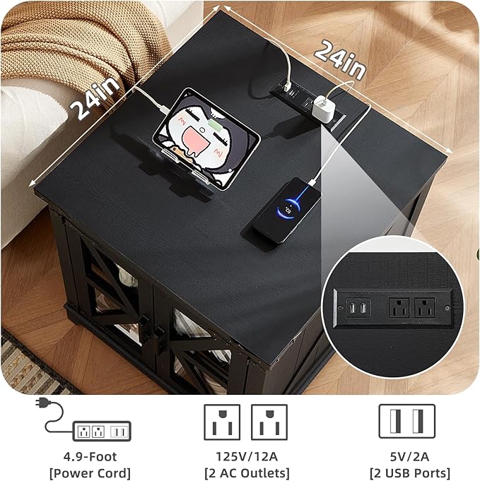 Farmhouse End Table with Charging Station, 24" Large Sofa Side Table with Glass Barn Door,Black Nightstand with Adjustable Storage Shelf,Wood Square Bedside Table for Living Room,Bedroom