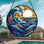 Stained Glass Window Hanging, Big Wave Sun Suncatcher Diamond Glass Panel Hangings Abstract Sun Catchers Decor for Birthday for Women, Men, Wife, Aunt, and Mom 14.9x14.9 in