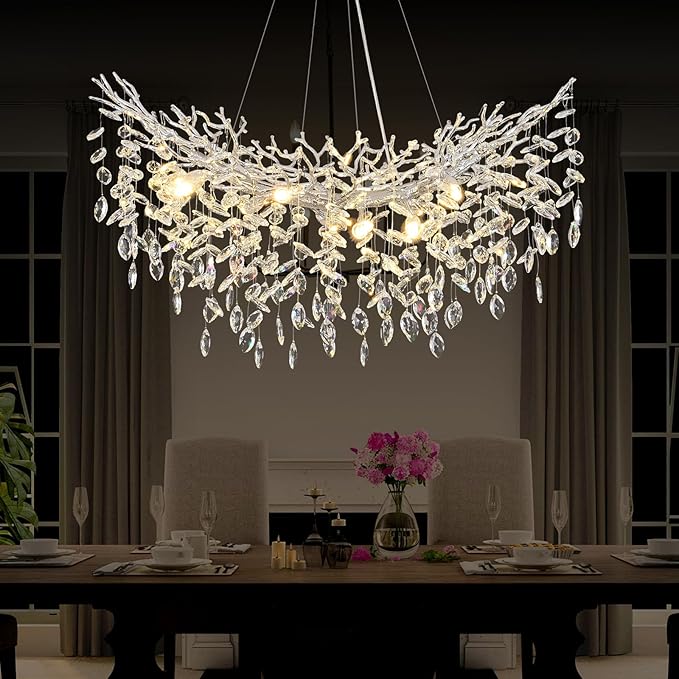 Modern Crystal Silver Chandelier, 36" Large Rectangular Oval Tree Branch Crystal Chandeliers for Dining Room,16-Light Flush Mount K9 Crystal Chandeliers, for Kitchen Island,Dining Room