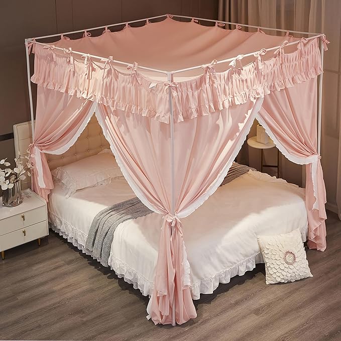 Ruffle Lace up 4 Corners Post Princess Curtain Bed Canopy Cozy Breathable Mosquito Net Cloth for Girls Adults Bedroom Decoration (Pink, 78" W*86" L*82" H/King)