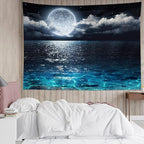 LB Moon Over Ocean Tapestry, Night Sky Tapestry Wall Hanging,3D Fantasy Psychedelic Watercolor Wall Art for Bedroom Living Room Dorm Home Decor,48 x 36 Inches