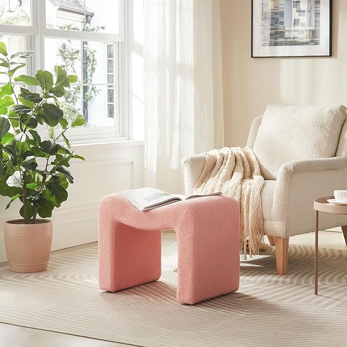 Vanity Stool Foot Rest Small Footstool Ottoman Chair Seating Backless Modern Teddy Velvet Ottoman for Makeup Room Living Room Bedroom Entryway,(Single 1) Pink