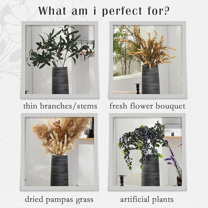 ALMA 13 inch Tall Black Vase Home Decor Trends for 2025, Large Grey Vase for Centerpieces Fits for Mid Century Modern Decor, Ceramic Floor Vases for Black Bathroom, Dining Table, Living Room