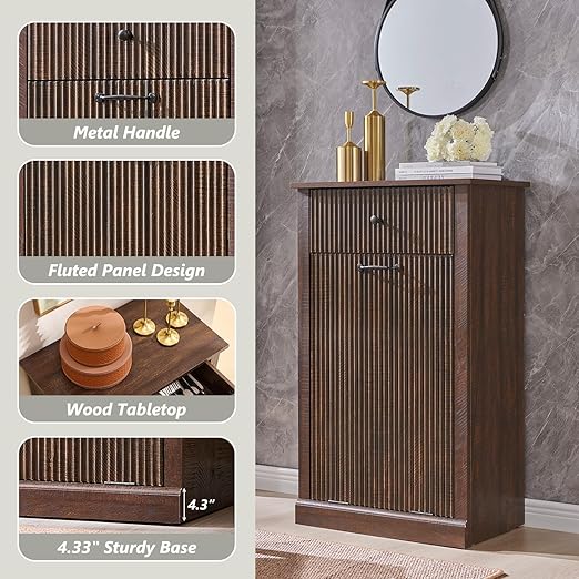 Modern Tilt-Out Trash Can Cabinet, 10 Gallon Fluted Laundry Hamper Cabinet with Drawers, Wooden Hidden Garbage Can Cabinets with Storage Basket, Free Standing for Kitchen and Living Room,Brown