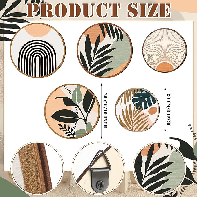 Qunclay 5 Pcs Wall Art Decor Wooden Living Room Wall Decor Bohemian Hanging Farmhouse Geometric 10'' and 8'' Aesthetic Wood Minimalist Posters for Bedroom(Boho, Leaf)