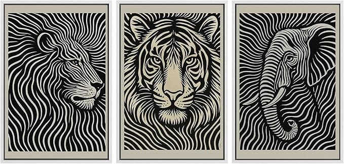 SIGNWIN Framed Canvas Print Wall Art Safari Animal Portrait Lion, Tiger, and Elephant Photography Modern Art Minimalist Black and White for Living Room, Bedroom, Office - 16"x24"x3 White