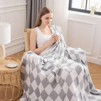 EMME Checkered Cotton Queen Size Bed Blanket, 80"x90", Lightweight Breathable Cooling All Season Gauze, Light Grey